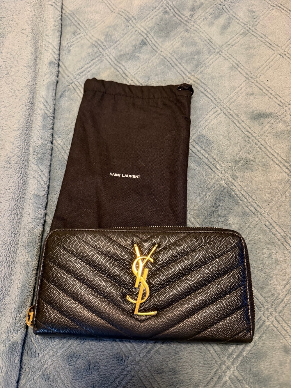 Yves Saint Laurent Black Leather Zip-Around Wallet with Gold Hardware